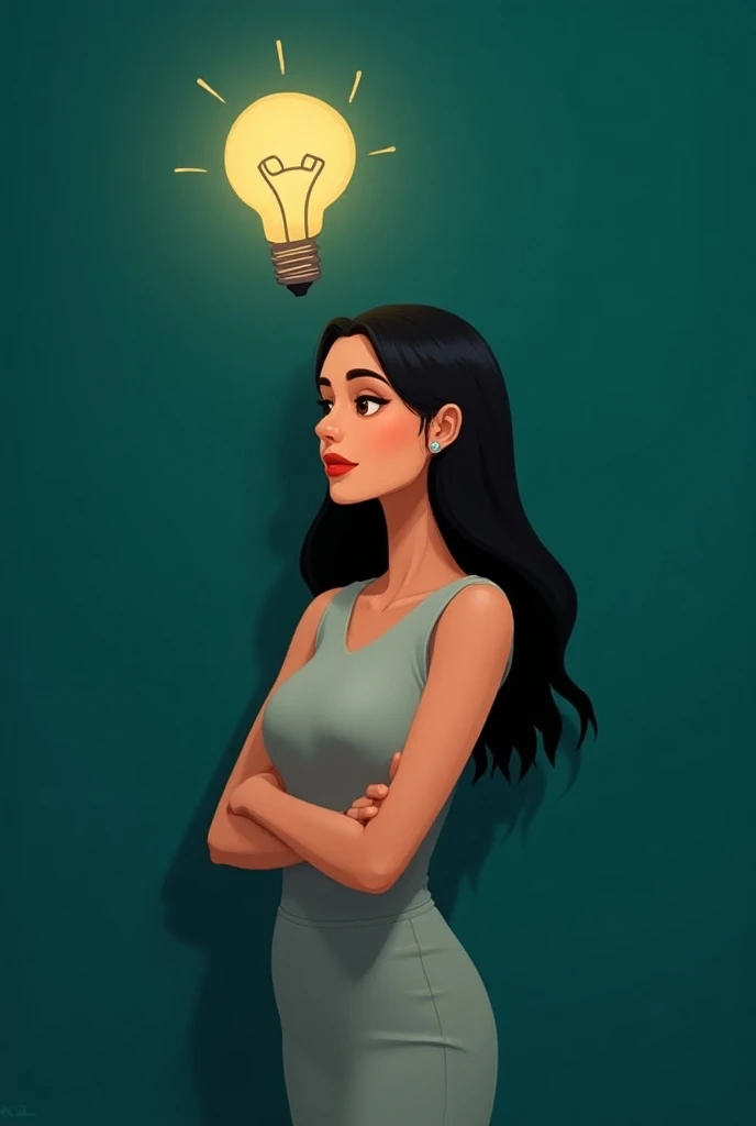 image with color background  #0f172b with a woman realistic cartoon long straight black hair ,  white skin color medium body build with a face of having an idea lighting up the light above her head
