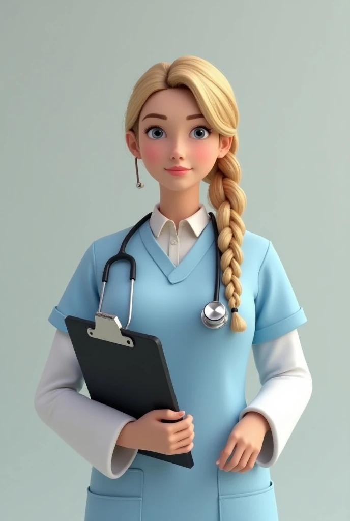 Create an image of a uniformed doctor with long, blond hair that is braided on her side and has a stethoscope and clipboard in her hands with a minimalist background 