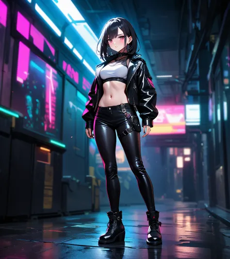 Theres a woman wearing a black jacket and a black tie ,  jacket and cropped shirt, black leather slim clothes, leather top, very aesthetic leather jacket,  Full Body Black Cyberpunk Style Outfits ,  upper body with jacket off ,  cyberpunk style outfit , le...