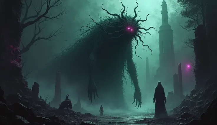 Create a haunting and atmospheric depiction of Nyarlathotep, the Crawling Chaos, as described in H.P. Lovecrafts works. The scene should be set in a shadowy, otherworldly landscape, filled with swirling mists and eerie, dimly lit structures that hint at an...