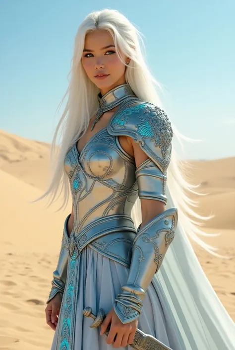 Create magic the gathering style: a beautiful young woman with long straight white hair with sparkling blue eyes wearing light platinum armor with blue ornaments holding a blue platinum sword with blue ornaments in the middle of a sandy desert