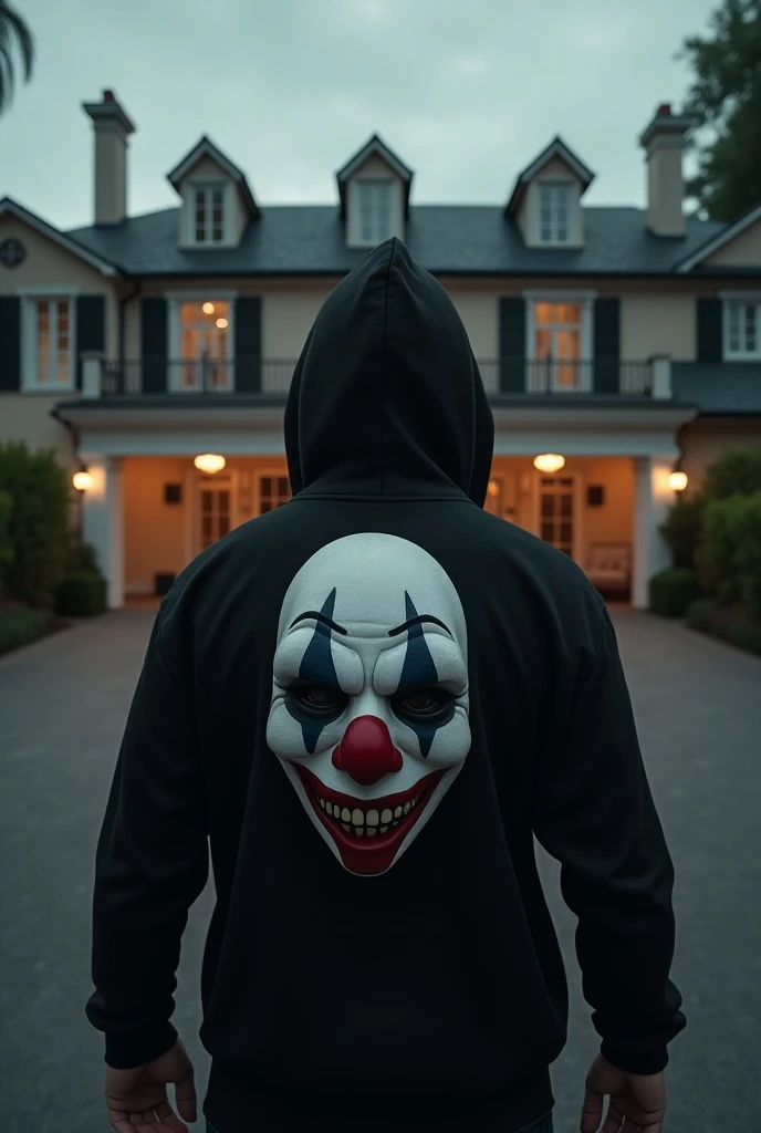 A white man in a black hoodie and clown mask on his back in front of a mansion with luxury cars in the garage

