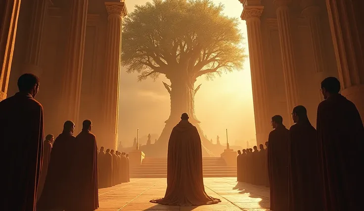 "An image of King Nebuchadnezzar standing in a grand hall with a troubled expression, surrounded by advisors, as the shadows of a great tree from his previous dream loom over him. The atmosphere is tense and foreboding, representing the continuation of his...