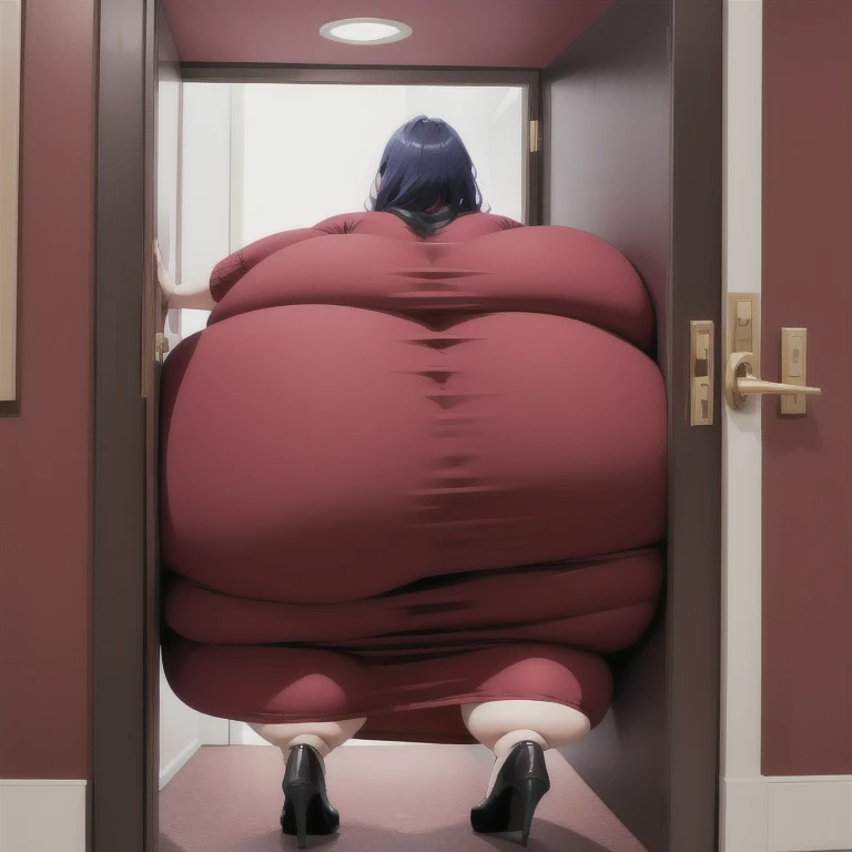 1girl behind a doorway, from behind, (doorstuck, stuckfront:1.3), huge wide round hips, thick thighs, huge round butt, big belly, colorful clothing, wearing a cocktail dress, with heels, , upset, she tries to wiggle and squeeze herself through pushing hers...