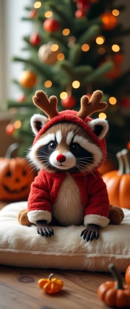 A photo of a cute, extra fluffy baby raccoon wearing a Red Nosed Reindeer costume for Halloween. The raccoon is sitting on a pillow. The background is a Christmas room with a Christmas tree, ornaments, and lights. The room is decorated with a Halloween ban...