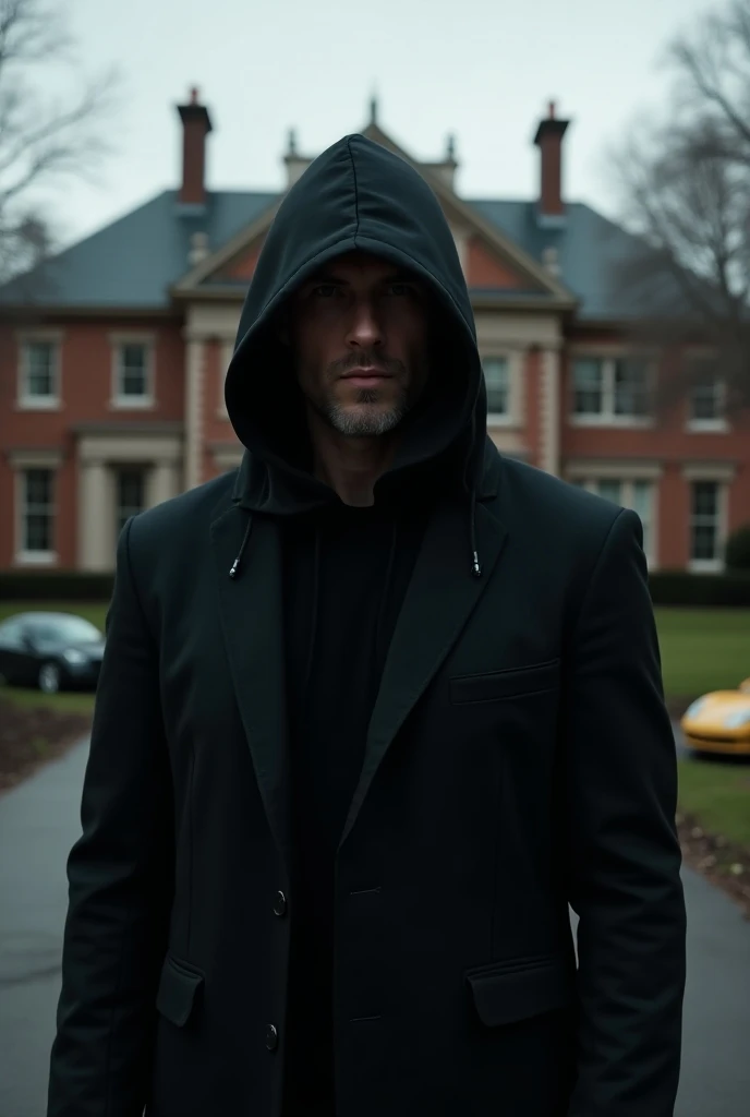 A white man in a black hoodie with his back in front of a mansion with luxury cars in the garage 

