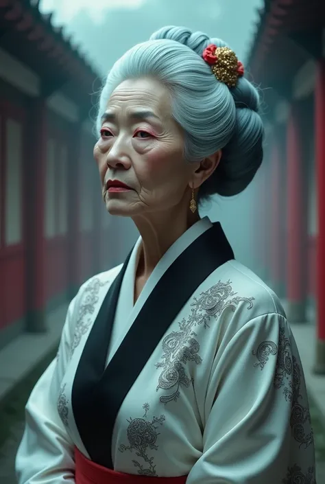 Old lady Empress with light blue hair, geisha hair style, pink eyes, white and black kimono 
She is 70 yeas old