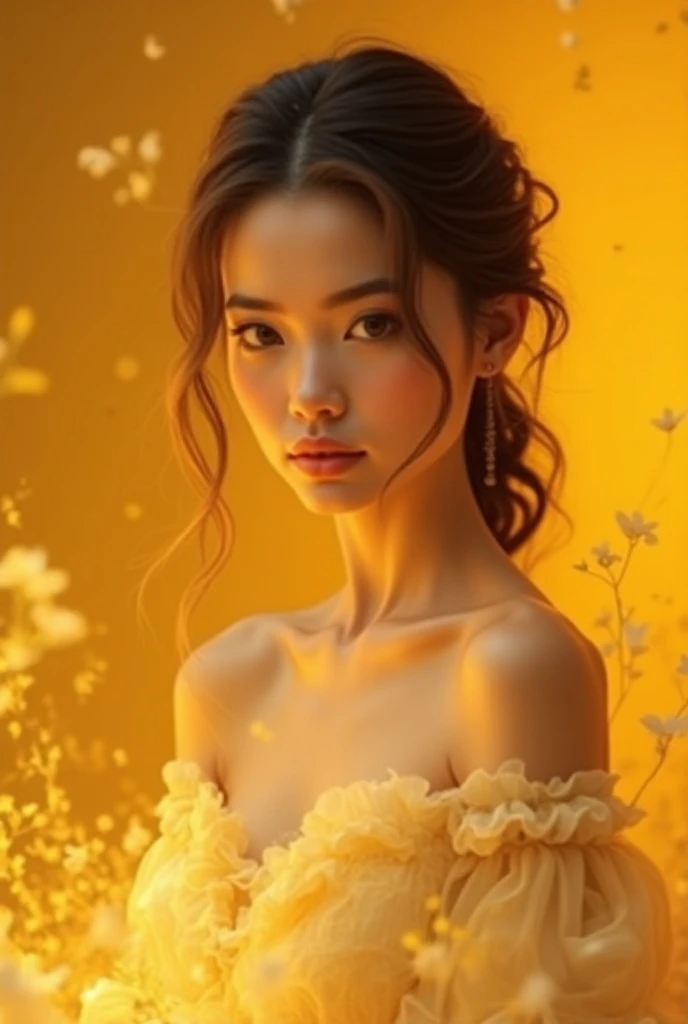  beautiful girl  , golden background , in a dress,  in half height photo on chest