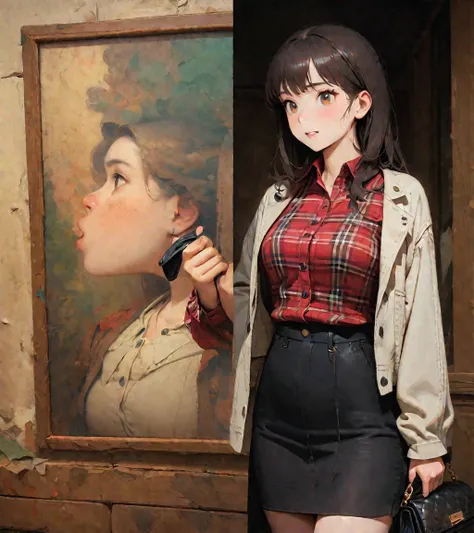 a woman wearing a  check shirt and black skirt holding a purse, Pastel paintings by Simon Gaon,  instagram, Renaissance,  jacket and cropped shirt, Flannel,  check shirt, Brown Shirt, wearing a Flannel shirt, Extra Large,  casual attire style, wearing a  c...