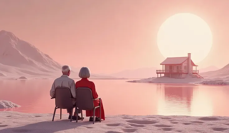 There is a pale pink lake on the large surface of the moon 、 there is a cute house standing on the far shore 、Light is leaking through the window 。On the shore a little further away 、 A kind-looking Western elderly couple is sitting on each chair、The old m...