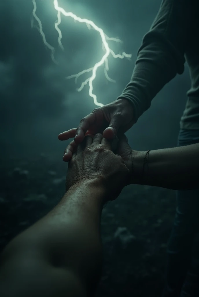 Hands clutching in what appears to be a thunderstorm 
A womans hand pulling on a mans wake up from the dark 