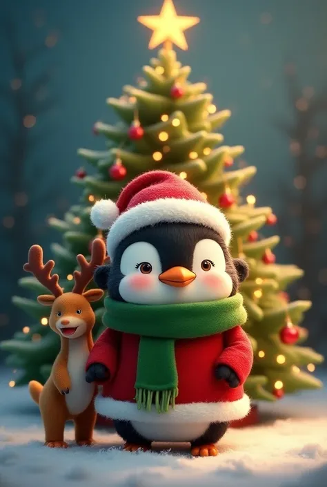 AN ANIMATED PAPANO WITH A CHRISTMAS TREE BEHIND HIM AND A REINDEER  