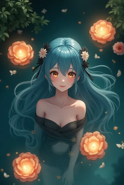 "Most realistic image, top view, magazine cover with the word VOGUE and detailed text below. The scene features a dynamic pose set during the Loi Krathong festival in Thailand. A beautiful anime-style female character with smooth, wavy sea blue hair cascad...