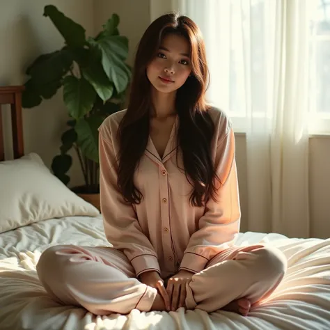 vietnamese woman, sitting on bed, pajama pants, long strAight hair, indoors, soft lighting, plants in background, window with sunlight, normal room, relaxed pose, realistic, intricate details, warm colors, 