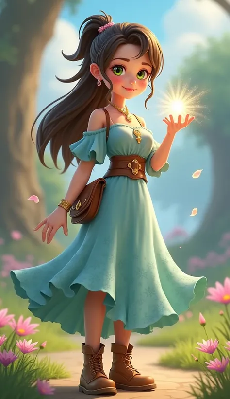 Show Zara in action using her magic. She can be creating a beautiful glowing flower or casting sparkles into the air with her hands. The magic should have a bright, glowing aura, emphasizing the power in her hands. The colors could be soft blues, purples, ...