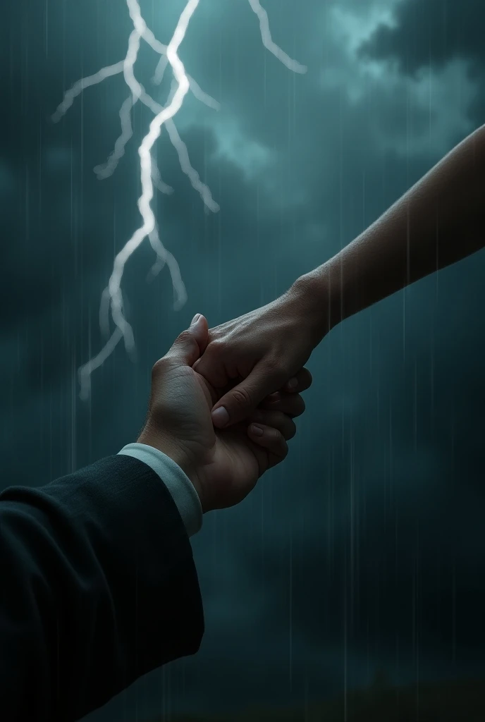 
A womans hand pulling a mans hand out of the dark in the middle of a thunderstorm 
