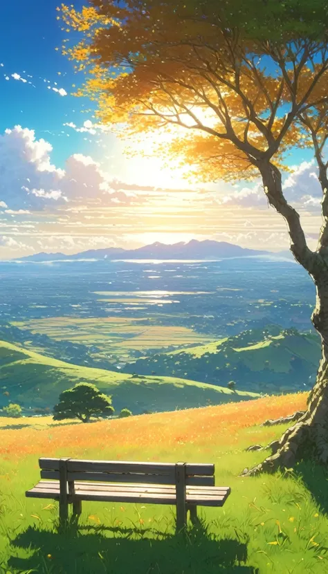  Create an image of a serene , sunlit rural scene in a vibrant and detailed anime standle.  The tree is a boy sitting next to a An autumn meadow,  observing a vast golden sky with bench spots , Incredible sunset , , makoto shinkai candril rolando, 4k anime...