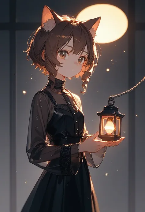 oil、Scratched、 A cute young girl with brown hair wearing a black dress with a gothic design、In his hands he holds an intricately designed lantern.、It emits a sparkling, soft, transparent light around it.、The light of the lantern stands out in the darkness....