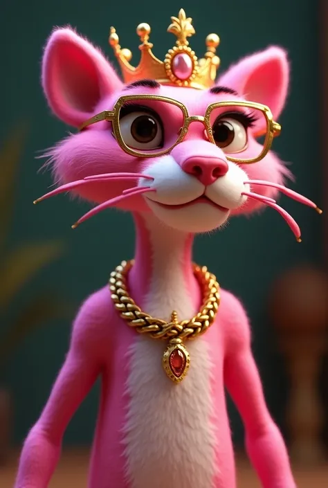  A 3D pink panther with a golden chain and a crown wearing glasses, Write and subtitle PANTERA BETTING 