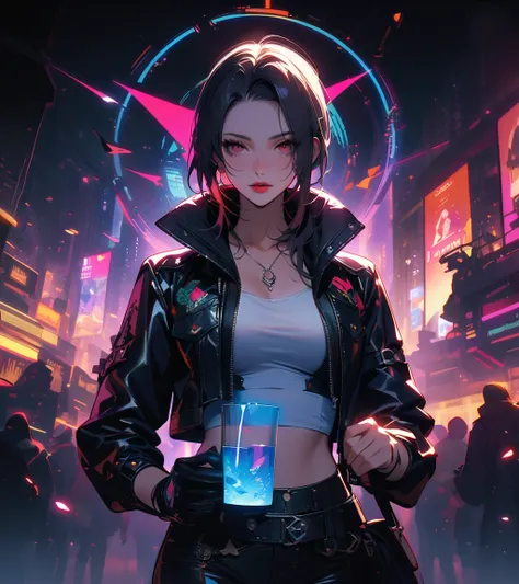 Theres a woman wearing a black jacket and a black tie , Emma Andiewska album cover, Tumbler, Renaissance,  jacket and cropped shirt, black leather slim clothes, leather top, very aesthetic leather jacket,  Full Body Black Cyberpunk Style Outfits ,  upper b...