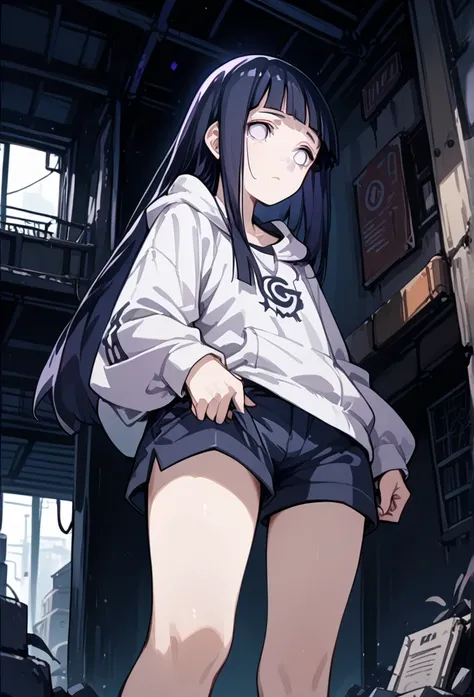 (hinata, Hyuuga Hinata, purple eyes, blunt bangs, black hair, white eyes, no pupils, from front,  shorts pulling, Undress, from below,  a girl, Full night , interior,  concrete wall 