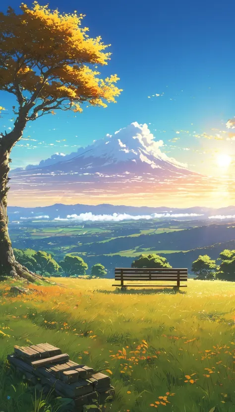  Create an image of a serene , sunlit rural scene in a vibrant and detailed anime standle.  The tree is a boy sitting next to a An autumn meadow,  observing a vast golden sky with bench spots , Incredible sunset , , makoto shinkai candril rolando, 4k anime...