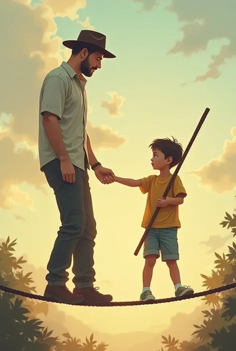  FATHER WITH SON FROM 5 TO 6 YEARS OLD ON A TIGHT ROPE CARRYING A STICK THAT REPRESENTS THE BALANCE THAT IT FEELS THAT A CHILD WANTS TO FOLLOW IN THE FATHERS FOOTSTEPS, THE BACKGROUND THAT IS LIKE THEY ARE IN A CIRCUS BUT THAT FOCUSES ONLY ON THEM CARTOON 