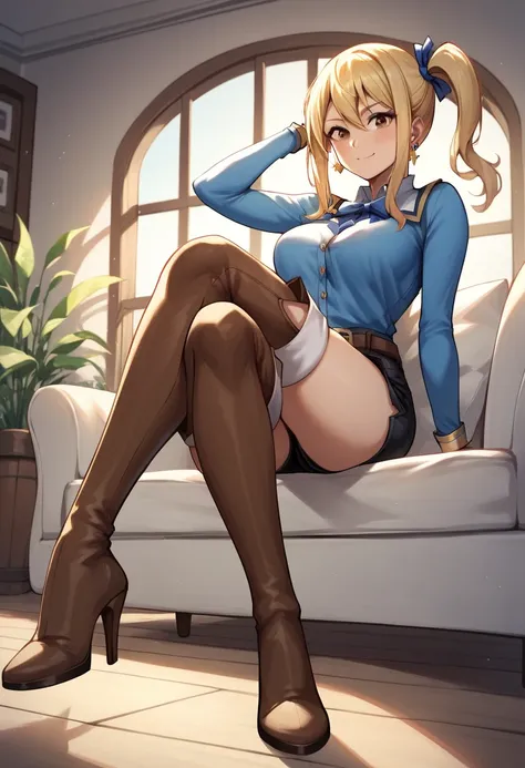 score_9, score_8_up, score_7_up, score_6_up, score_5_up, score_4_up, source_anime, 1girl,lucy heartfilia, blonde hair, long hair, side ponytail, blue ribbon, brown eyes, middle breasts, earrings, thigh boots, brown boots, long heels, blue shirt, black shor...