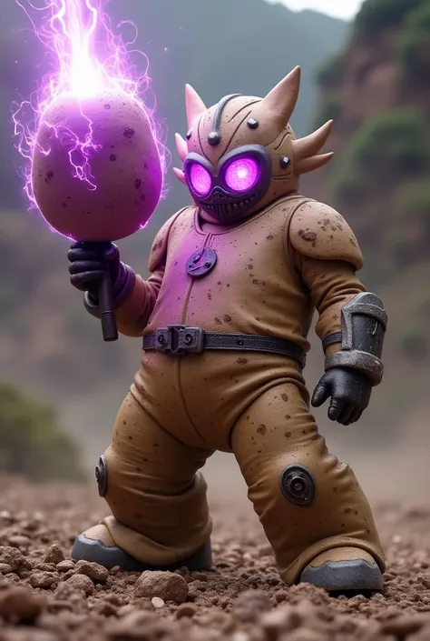 Kamen Rider batata com armadura de batata com uma cores beje e detalhes marrom que lembra uma batata com casca e ao mesmo tempo com casca com alguns detalhes roxos na armadura com as lentes roxas brilhando néon enquanto segura um martelo grande de batata e...