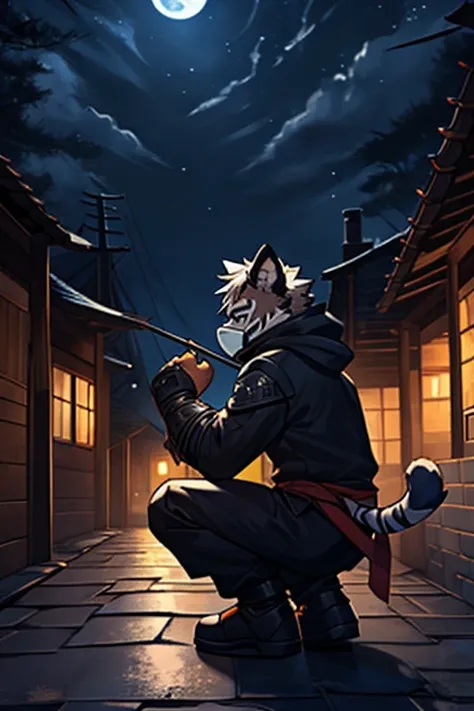  Kogenta, furry white tiger,Little boy,  wearing a black ninja costume ,Leather Armor, Wearing a hood,PROTECTIVE MASK ,Masked, Hand Rope , Dark Medieval Village Night in the Dark(landscape、On the roof:1.3),squatting on the roof,bend over, ,  crouching on o...