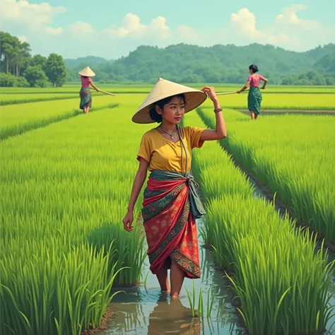 One young manipuri woman working in a paddy field
