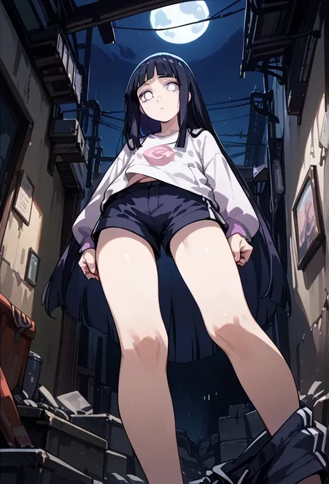 (hinata, Hyuuga Hinata, purple eyes, blunt bangs, black hair, white eyes, pink pupils, from front,  shorts pulling, Undress, from below,  a girl, Full night , interior,  concrete wall 