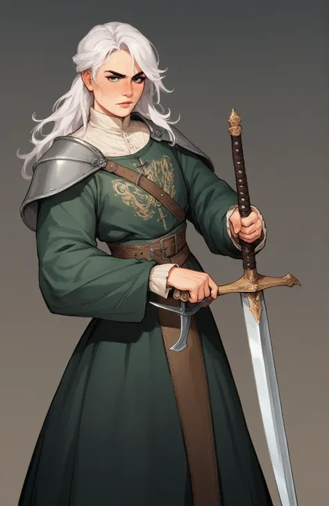 blademaster, wielding long sword, medieval warrior, swordmaster, long white hair, femboy, mature femboy, sword, 