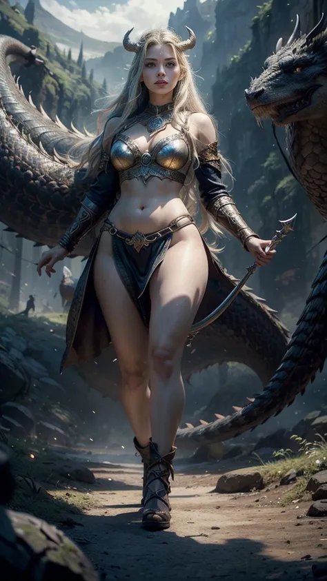 ((best quality)), ((masterpiece)), (detailed),the beautiful of heaven Aishwarya,perfect face detail,full body curvy,woman with a dragon beside her , norse god, epic fantasy artwork, epic fantasy illustration, viking god, beautiful female god of death, epic...