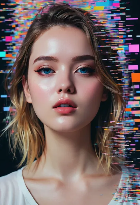 (masterpiece, top quality, best quality, official art, beautiful and aesthetic:1.2), 1girl, glitch art, (digital distortion), pixelated fragments, data corruption,colorful noise, visual chaos,contemporary aesthetics