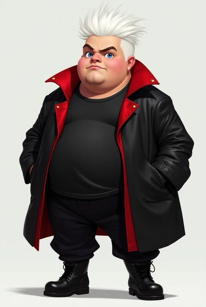 Make a young adult without a beard,  With a Big Stomach , White Tuft Hair , blue eyes,  Black and Red Overcoat, black shirt, black pants,  black boots 