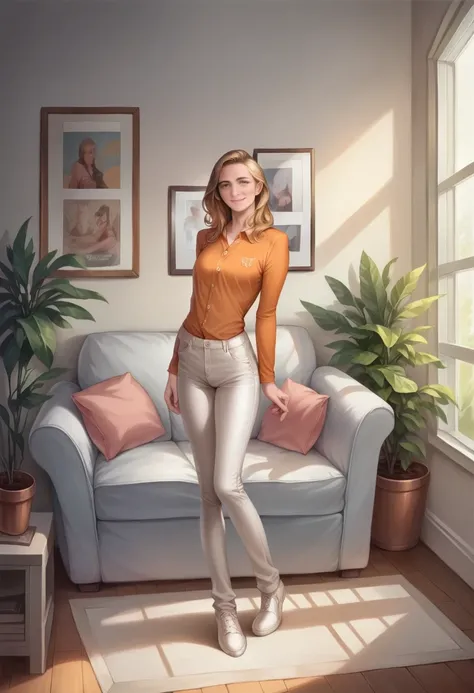 Foto hiperrealista en primer plano de Emily Sears , masterpiece, best quality, (photorealistic:1.4), full body, (orange luxury long button upp shirt :1.1), living room, cinematic light, beautiful woman, skinny, large breastsr, straight hair, detailed face,...