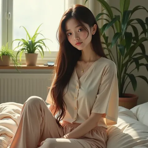 vietnamese woman, not too pretty, just normal girl, sitting on bed, pajama pants, long strAight hair, indoors, soft lighting, plants in background, window with sunlight, normal room, relaxed pose, realistic, intricate details, warm colors, 