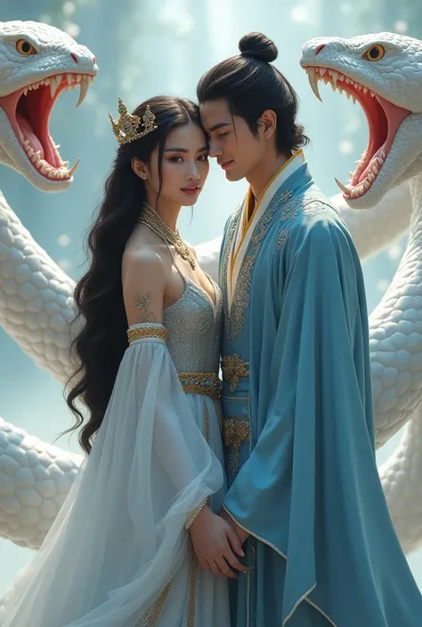 "Create an image of a royal couple in fantasy attire, inspired by Asian mythology, standing closely together. The woman has long, wavy dark hair and wears a silver dress adorned with intricate jewelry and a crown with blue gemstones. The man has dark hair ...