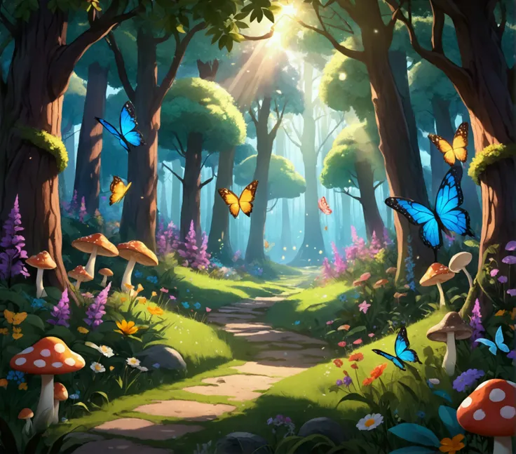  Create a vibrant forest setting with tall trees, lots of colorful flowers, and little details like decorated butterflies and mushrooms scattered across the ground. This will give the animation a happy and magical atmosphere.