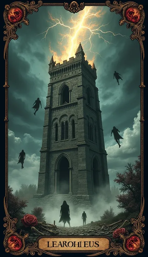 {
  "size": "1024x1024",
  "prompt": "A haunting and dramatic rendition of The Tower tarot card, infused with themes of death, destruction, and inevitable transformation. The card features a towering, gothic structure set against a dark and stormy sky, str...