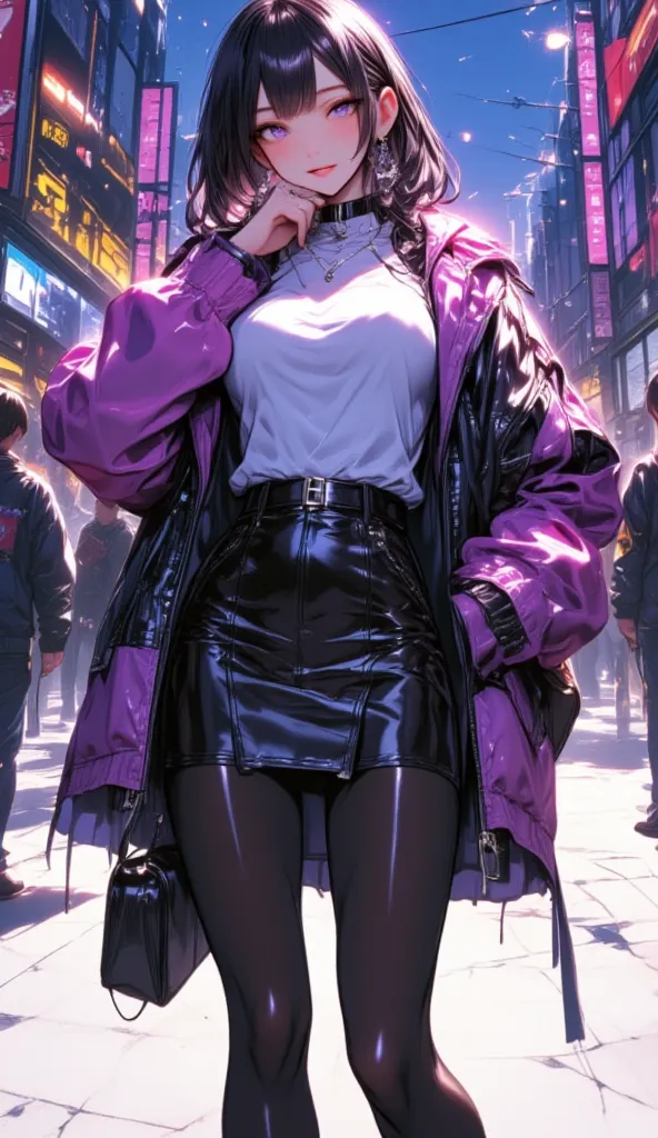  mature beautiful woman with ,(Best Quality, Extremely Detailed Description , Incredibly Absurd Hi-Res,High quality anime drawings:2.0),( Woman Standing on Boulevard ,winter coat , Tight Skirt ,Winter clothes, earrings for a woman alone, necklace , black tights, thigh high boots, high heels),(Purple Eyes, half-closed eye:2.0, big breasts at the temple,Glossy lips, Opening Her Mouth ,Flashy makeup, bewitching smile:2.0,Beautiful legs,Seductive gestures,Put your finger over your mouth,),Full body image:2.0, standing:2.0, Model Pose 