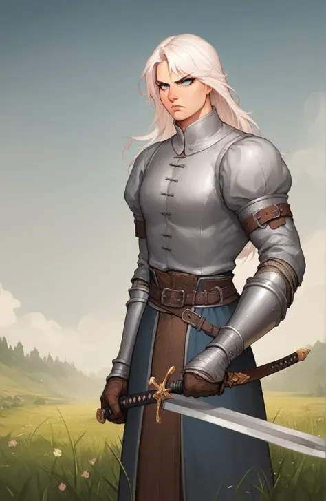 blademaster, wielding long sword, medieval warrior, swordmaster, long white hair, femboy, mature femboy, sword, field in background, serious face, muscle, large biceps, blue eyes, 