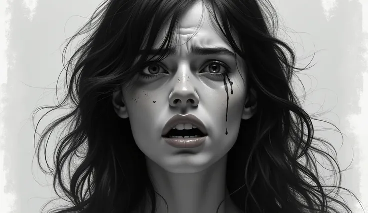 woman with black hair crying a lot - very realistic drawing style
