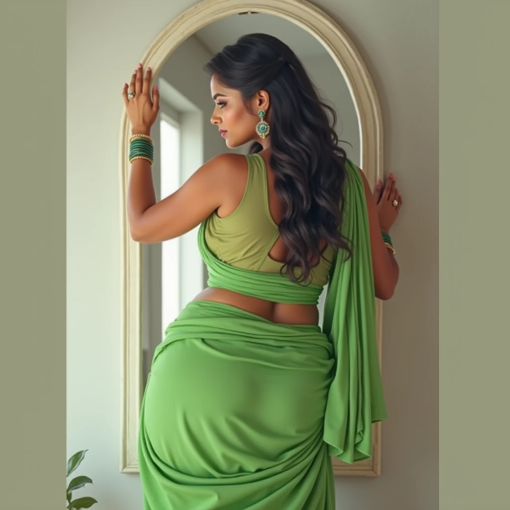 there is a woman in a green sari looking at her reflection in a mirror, backview, thicc, back pose, backshot, rear-shot, looking from behind, seen from behind, indian, rear view, view from behind, indian goddess, sexy movie photo, traditional beauty, showi...