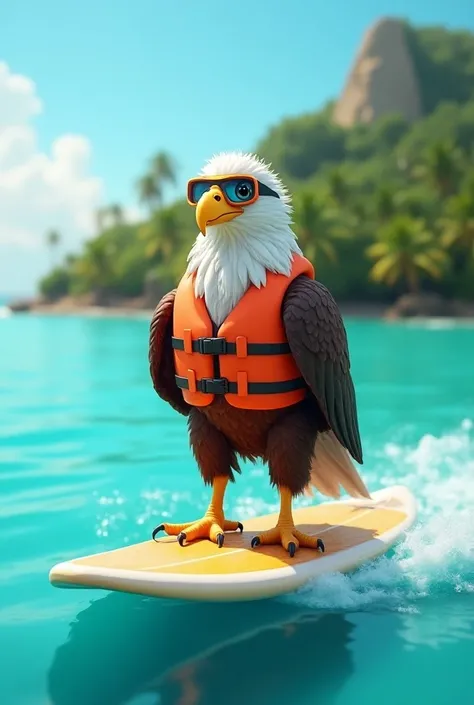 The adorable eagle stands on the surfboard coolly confident, wearing swimming goggles and a life jacket as it glides along the tropical turquoise waters near the lush tropical island. 3D digital rendering art style.