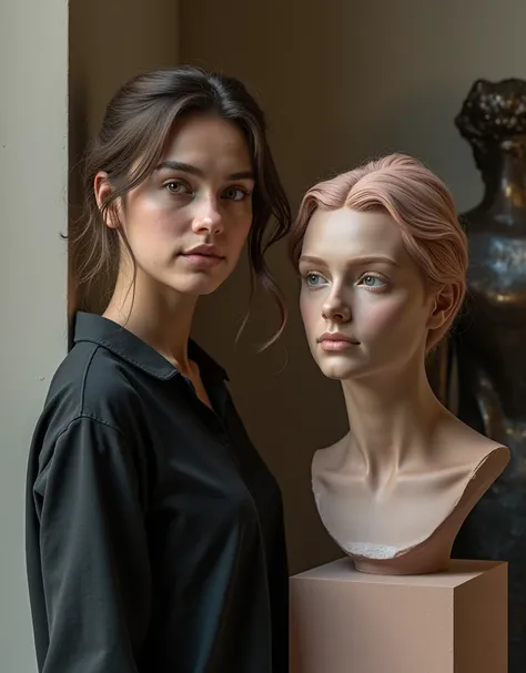 a woman standing next to a clay sculpture of a womans head in front of, a bronze sculpture, featured on zbrush central, 3 d clay sculpture, female face and bust, clay model, portrait bust of young woman, detailed clay model, made of clay