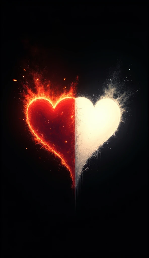 A Heart of Fire,  next to a white heart , both on a black background ,  showing love ,  and having the text Jafer & Patty 