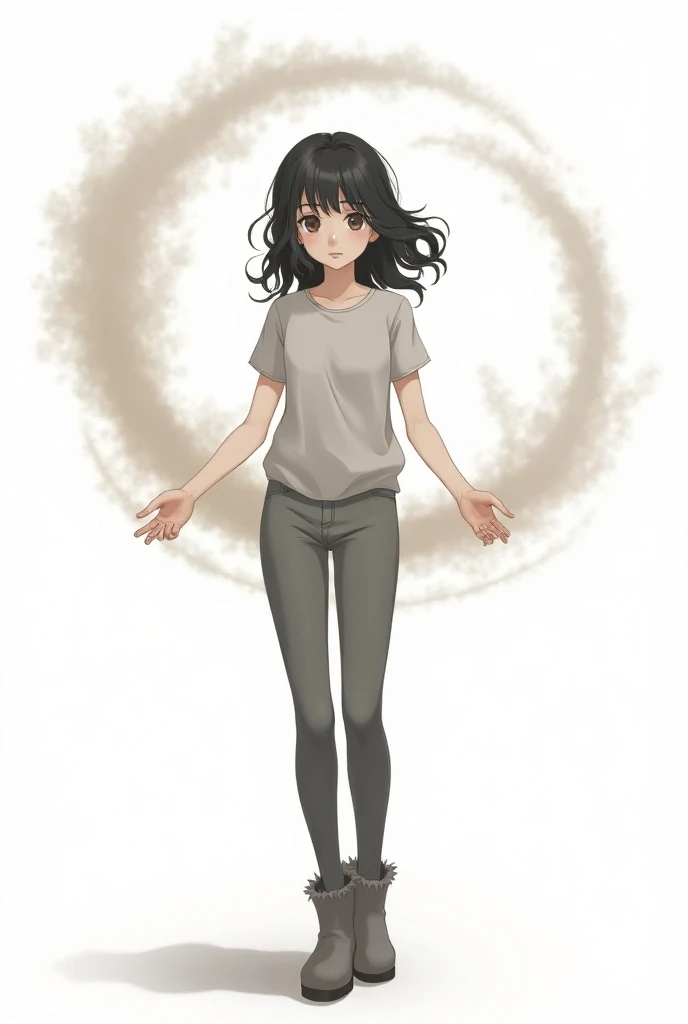 (anime)A teenage girl, white pele,  with wavy black hair ,  light brown eyes , wearing a gray blouse, gray pants , gray boots, using your hands to create a swirl of dust around and a white background behind her