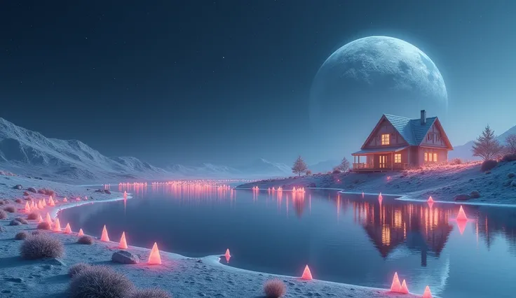  there is a lake that emits light pink spikes on the large surface of the moon 、 there is a cute house standing on the far shore 、Light is leaking through the window 。 the earth the size of the moon floats in the sky 、 8k)),, Advanced Details scene, !!Adva...